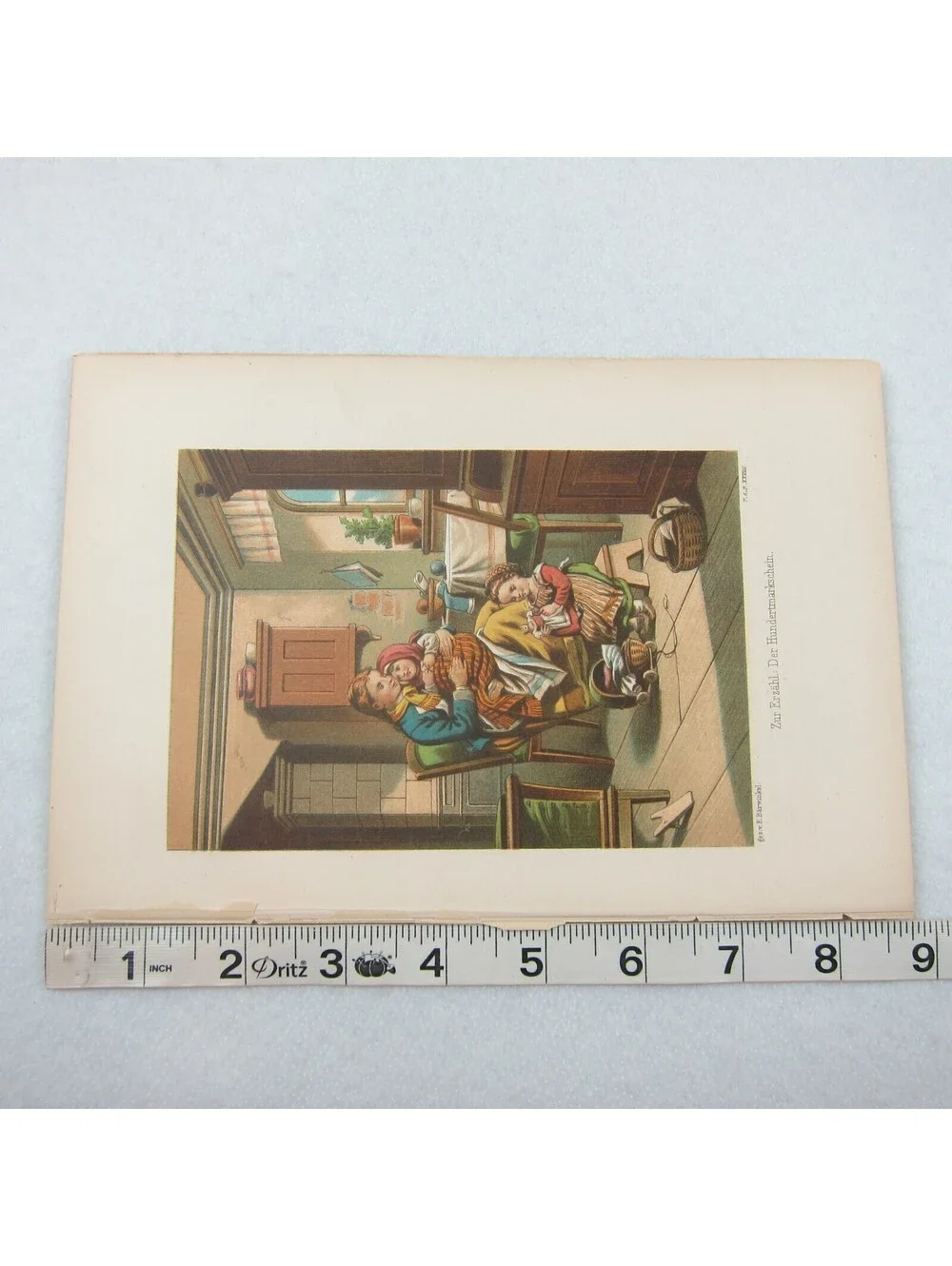 Antique Color Lithograph Print Mother Holds Baby Girl Plays Doll 1800s Art RARE